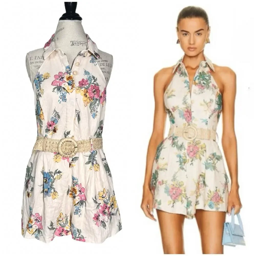 House of Harlow 1960 | Women | Floral Linen Blend Halter Belted Romper | Sz 12